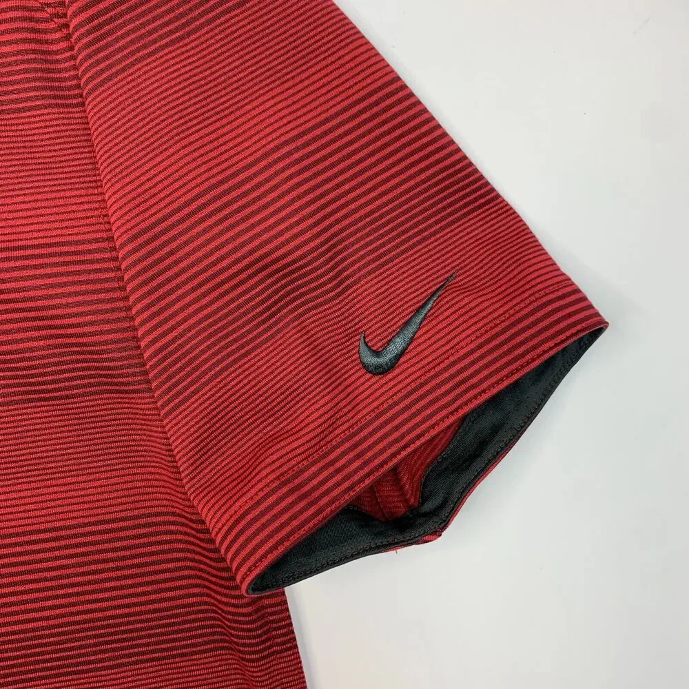 Nike Polo Shirt Mens S Small Red Striped Short Sleeve Dri Fit DR Basketball Logo
